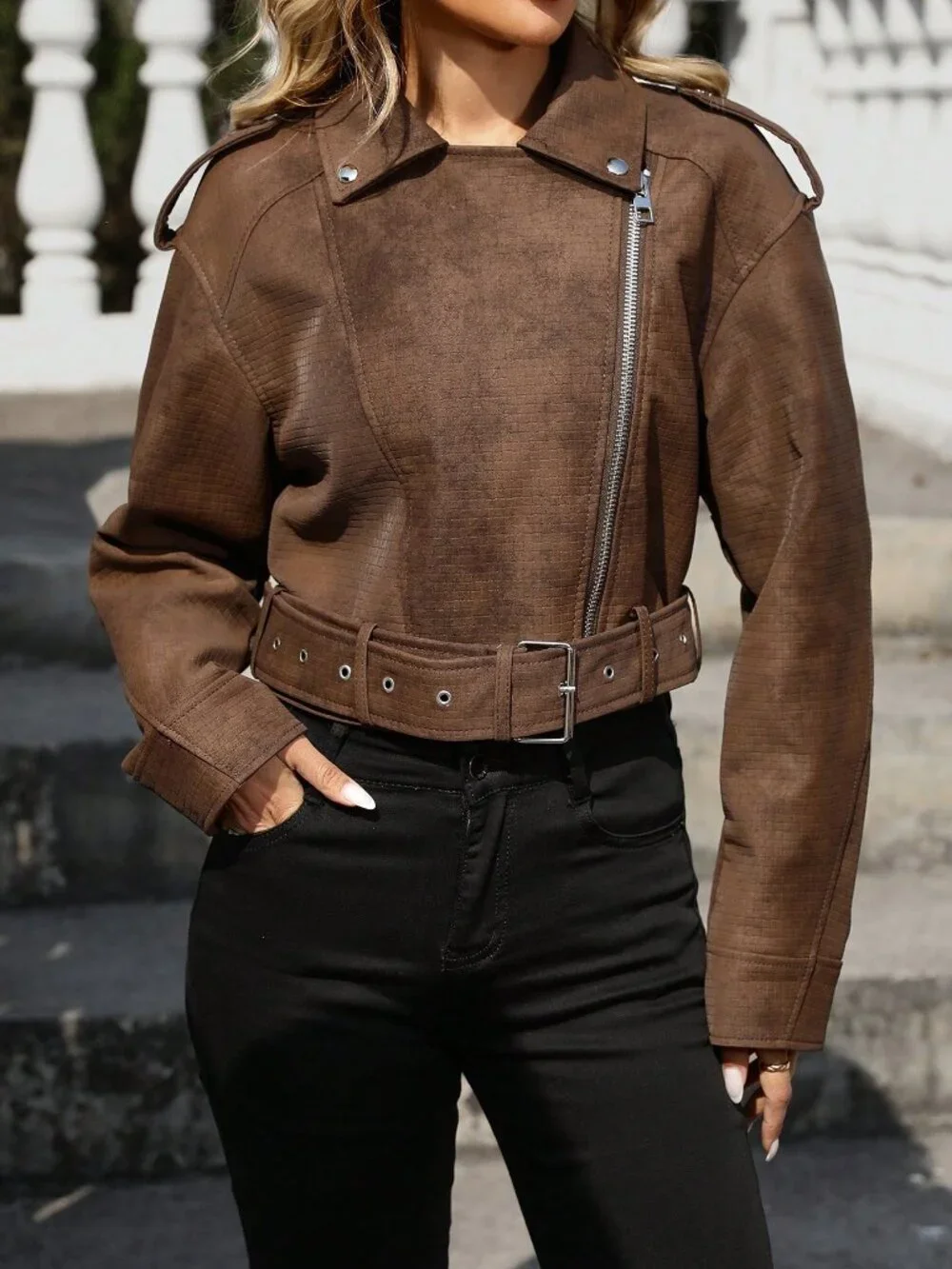 Rust Brown Casual Women's Faux Leather Cropped Zip Up Motorcycle Jacket